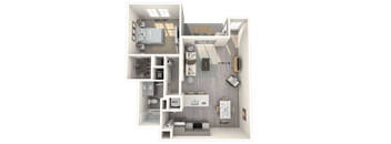 A 3D floor plan of a small apartment with a bedroom, living room, and kitchen.