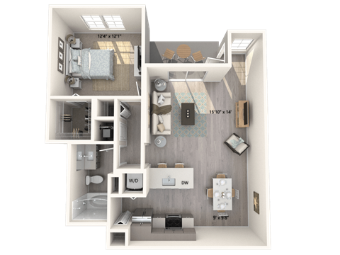 A 3D floor plan of a small apartment with a bedroom, living room, and kitchen.