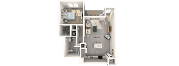 A 3D floor plan of a small apartment with a bedroom, living room, and kitchen.