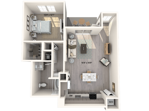 A 3D floor plan of a small apartment with a bedroom, living room, and kitchen.
