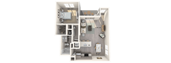 A 3D floor plan of a small apartment with a bedroom, living room, and kitchen.