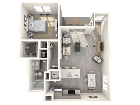 A 3D floor plan of a small apartment with a bedroom, living room, and kitchen.