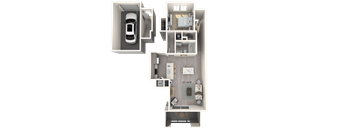 A 3D floor plan of a house with a car parked in the garage.