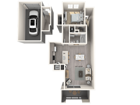 A 3D floor plan of a house with a car parked in the garage.