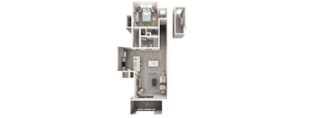 A 3D floor plan of a house with a living room, kitchen, and two bedrooms.