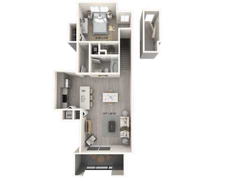 A 3D floor plan of a house with a living room, kitchen, and two bedrooms.