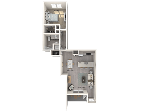 A 3D floor plan of a residential apartment.