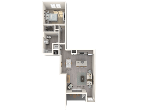 A detailed floor plan of a small apartment with a kitchen, living room, and bathroom.
