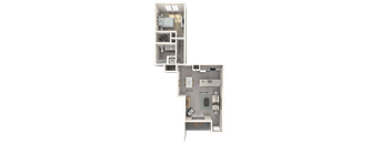 A 3D floor plan of an apartment with a kitchen, living room, and bathroom.