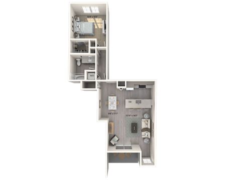A 3D floor plan of an apartment with a kitchen, living room, and bathroom.