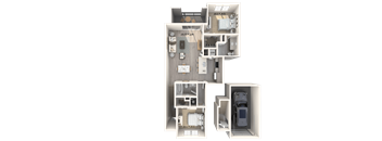 A 3D floor plan of an apartment layout.