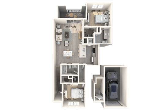 A 3D floor plan of an apartment layout.