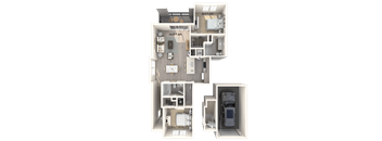 A 3D floor plan of a house with labeled rooms.