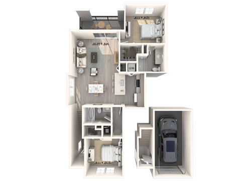 A 3D floor plan of a house with labeled rooms.