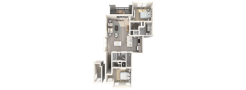 A 3D floor plan of an apartment with a kitchen, living room, and two bedrooms.