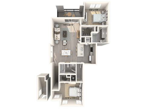 A 3D floor plan of an apartment with a kitchen, living room, and two bedrooms.