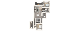 A 3D floor plan of a house with a kitchen, living room, and two bedrooms.