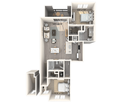 A 3D floor plan of a house with a kitchen, living room, and two bedrooms.