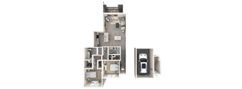 A detailed 3D floor plan of a house with a car parked outside.
