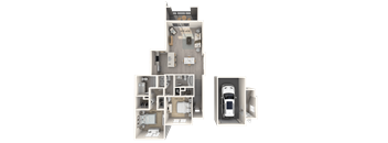 A 3D floor plan of a house with a car parked in the garage.