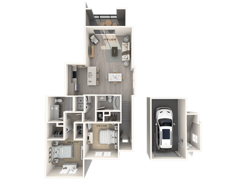 A 3D floor plan of a house with a car parked in the garage.