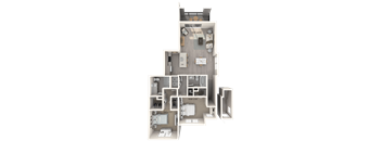 A 3D floor plan of a house with multiple rooms and furniture.