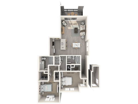 A 3D floor plan of a house with multiple rooms and furniture.