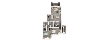 A 3D floor plan of a house with multiple rooms and furniture.