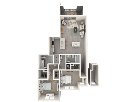 A 3D floor plan of a house with multiple rooms and furniture.