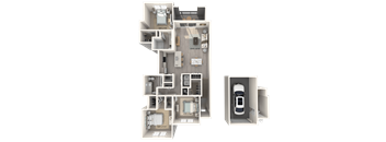 A detailed 3D floor plan of an apartment with multiple rooms and a parking space.