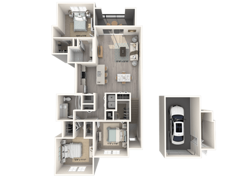 A detailed 3D floor plan of an apartment with multiple rooms and a parking space.