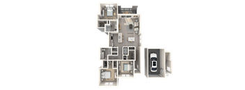 A 3D floor plan of an apartment with a car garage.