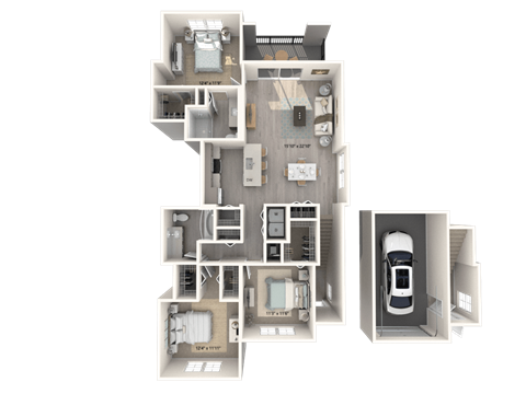 A 3D floor plan of an apartment with a car garage.