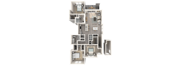 A 3D floor plan of a multi-room apartment.