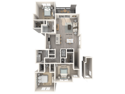 A 3D floor plan of a multi-room apartment.