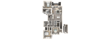 A 3D floor plan of a house with multiple rooms and labeled with text.