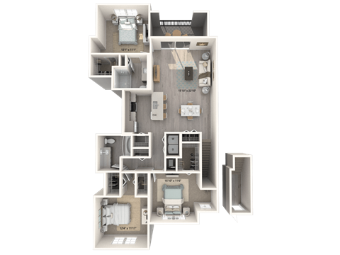 A 3D floor plan of a house with multiple rooms and labeled with text.