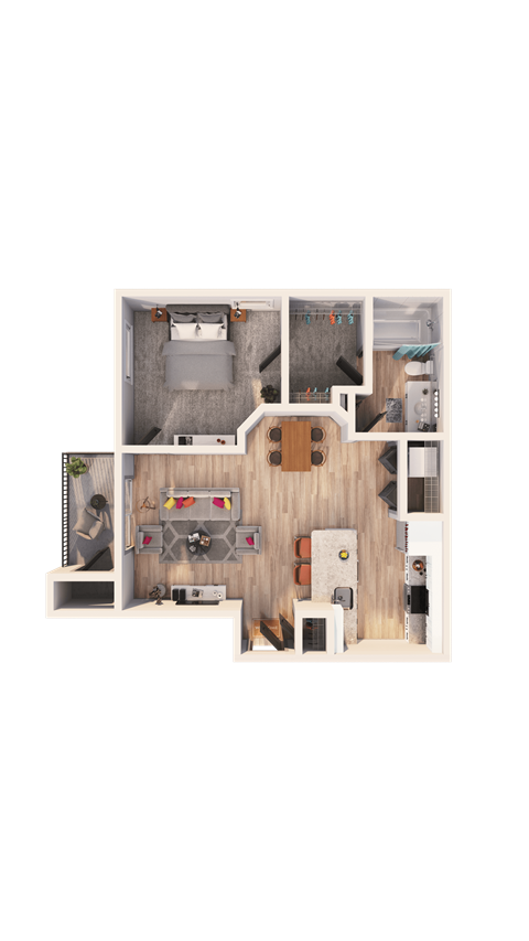 A floor plan of a house with a kitchen, living room, and two bedrooms.