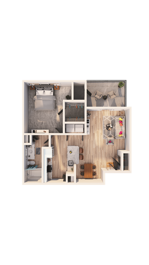 A top-down view of a house layout with a kitchen, living room, and bedrooms.
