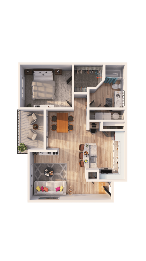 A top-down view of a small apartment with a kitchen, living room, and bedroom.