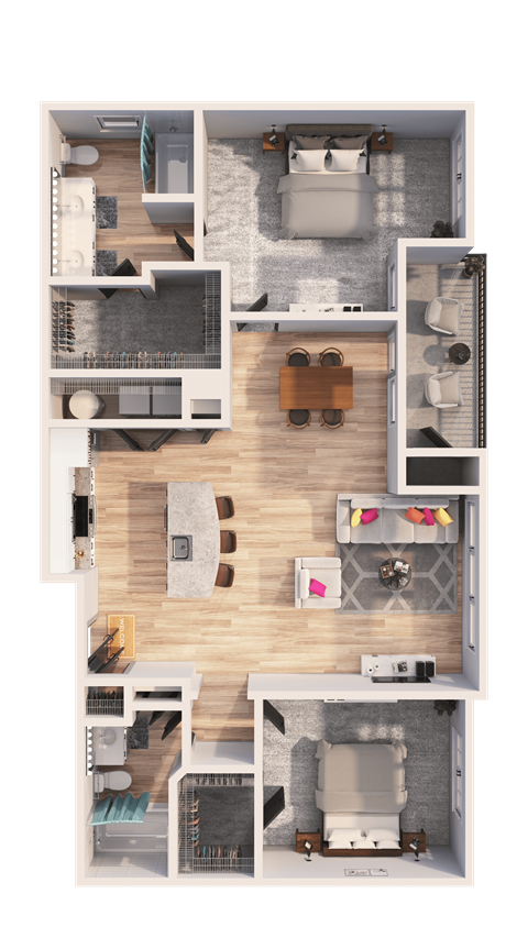A detailed 3D floor plan of a house layout.