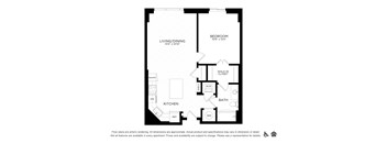 A floor plan of an apartment with a living/dining area, kitchen, bath, and bedroom.