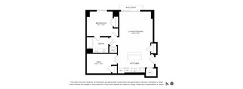 A black and white floor plan of an apartment with a den, kitchen, living/dining area, and bedroom.