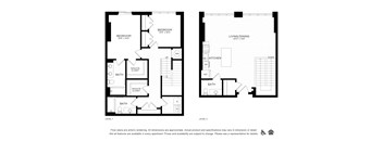 A floor plan of an apartment with two bedrooms, a living/dining area, a kitchen, and three bathrooms.