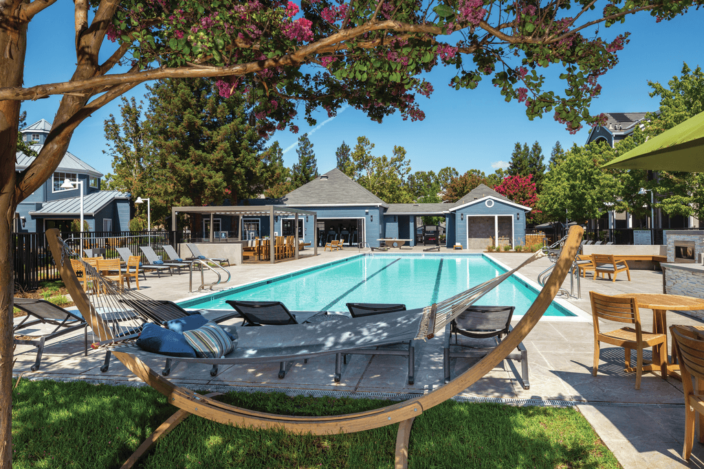 A pool surrounded by chairs and trees.