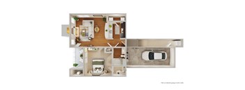 A floor plan of a house with a kitchen, living room, dining room, and two bedrooms.