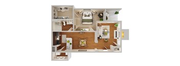 A 3D floor plan of a small apartment with a kitchen, living room, and bedroom.