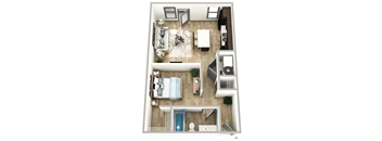 A top down view of a living room, dining room, kitchen, and bathroom.