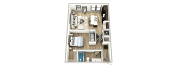A 3D floor plan of a house with a living room, kitchen, and bathroom.