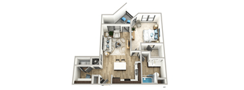 A3 floor plan of a small apartment with a bedroom, living room, kitchen, and bathroom.